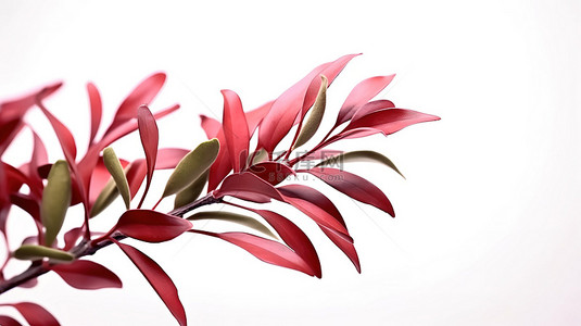 白色背景，3D 渲染月桂叶，饰有红橄榄枝