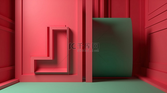 抽象红粉色和绿色墙角的简约 3D 渲染