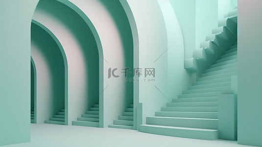 几何空間图形背景图片_柔和蓝色抽象几何形状背景，带拱门和楼梯 3D 渲染
