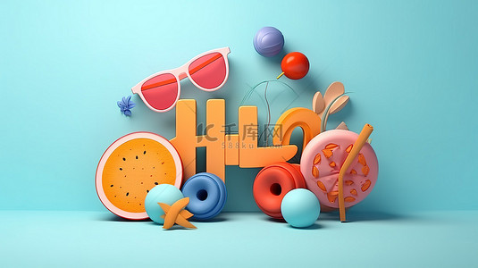 暑假海报设计背景图片_用色彩缤纷的海滩横幅设计迎接夏天，蓝色背景 3D 插图上有 3D 字母