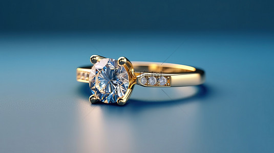背景钻戒背景图片_蓝色背景闪耀着黄金和钻石戒指的 3D 渲染隔离