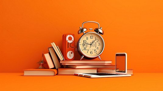 手机橙色背景图片_数字时代的电子学习 3D 渲染闹钟和手机在橙色墙上与在线教育文本和书籍