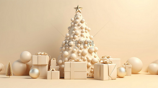 节日奶油色背景，带有 3D 渲染的圣诞树和新年快乐礼物概念横幅