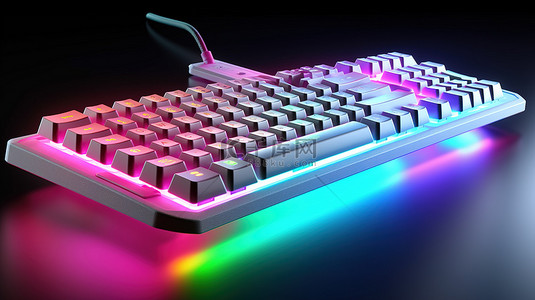 霓虹灯背景白色 PC 键盘上的背光游戏键盘，带 3D 渲染中的 RGB 灯