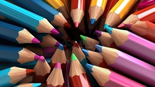文具用品背景背景图片_3D 渲染图像中充满活力的彩色铅笔