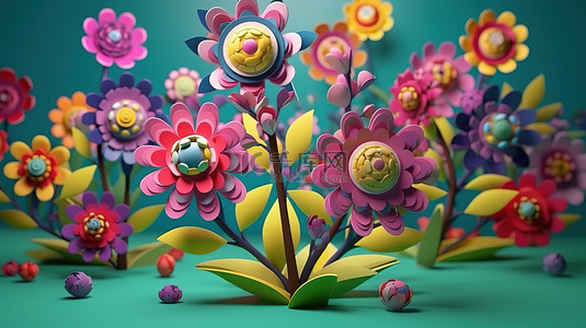 卡通花卉民间艺术作品的彩色 3D 插图