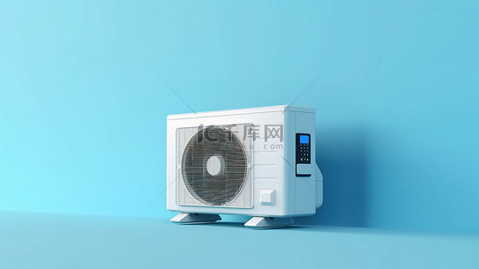温度骤降背景图片_蓝色背景的 3D 渲染，窗边有室外和室内空调机组