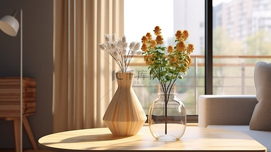家居室内装饰 3D 渲染客厅的插图，配有木制家具和桌花瓶花