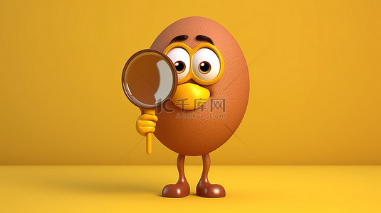 黄色背景上带有放大镜的鸡蛋角色的 3D 渲染