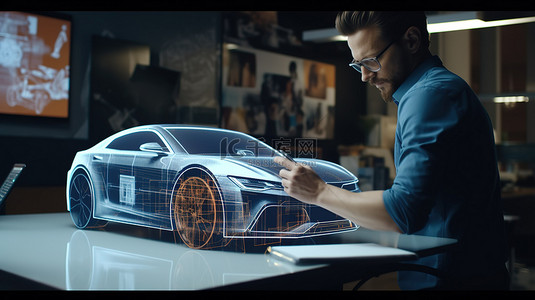 汽车工程师正在虚拟地进行 3D 模型原型设计