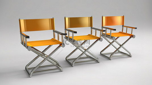 三把可折叠的铝制导演椅 3D 渲染