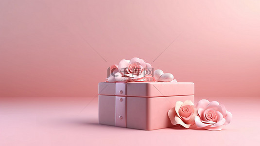 浪漫的情人节礼品盒，带有玫瑰和心形，柔和的粉红色背景，3D 创建