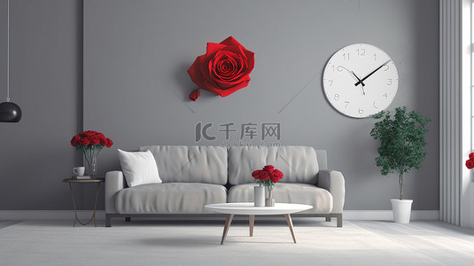 红色r背景图片_优雅的灰色和白色客厅设计，配有白色椅子挂钟白色木墙红玫瑰和 3d r