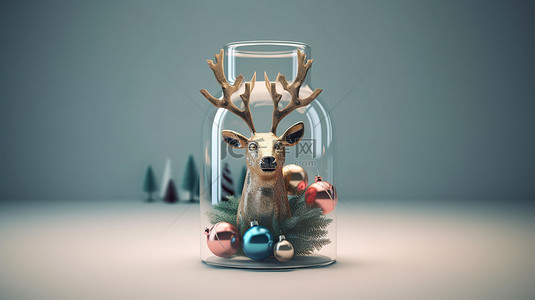 可爱的驯鹿背景图片_玻璃罐，内含 3D 装饰驯鹿脸圣诞树雪橇和带有充足复印空间的礼品盒
