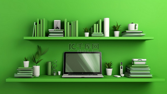 手机绿色背景背景图片_充满活力的绿色墙架横幅与电脑笔记本电脑手机和平板电脑 3D 插图