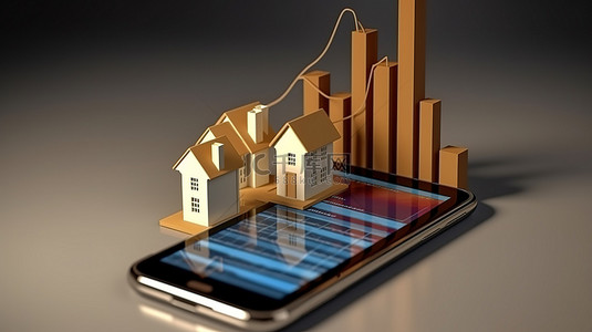 房地产图的 3D 插图显示以房屋和空白手机屏幕为商业概念的增长