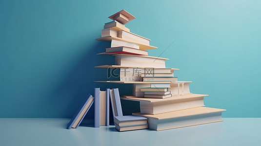 蓝色背景上毕业帽书籍和楼梯的逼真 3D 形状是对教育奉献精神的象征性描述
