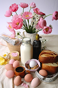 桌上牛奶背景图片_桌上的早餐包括面包鸡蛋牛奶和鲜花