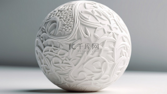 覆盖着装饰石膏 3D 渲染图像的几何白色球体的特写