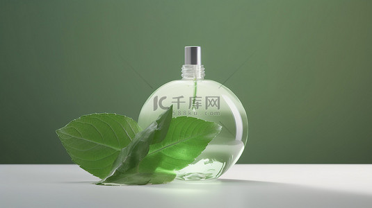 喷雾喷雾背景图片_产品展示图像 3D 渲染玻璃泵瓶与叶子装饰
