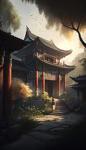 房屋中式背景图片_建筑中式植物背景