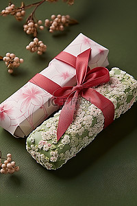 包装上装饰着绿色和粉色的包装纸