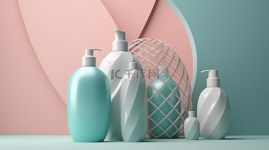 洗发水瓶放置在 3D 渲染的几何背景上，用于模拟展示