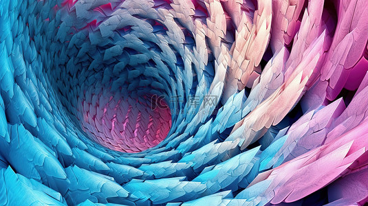 具有粉色和蓝色纹理抽象设计的螺旋分形的 3D 渲染