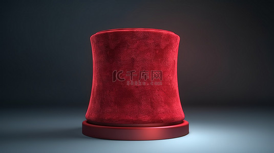 带红色丝绒布的圆形基座在灰色背景上以 3D 渲染展示，并通过照明增强