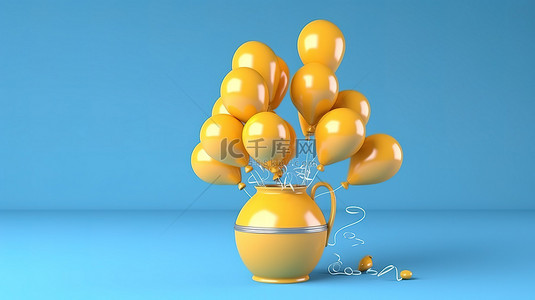 3D 渲染蓝色柔和背景的插图，带有黄色喷壶和气球