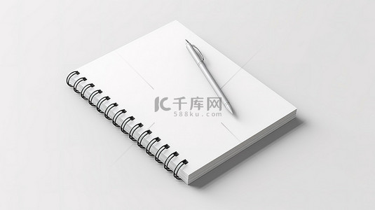 白色背景螺旋笔记本模型，带有 3d 创建的空白页