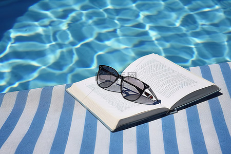 在水中的沙滩巾上看书和太阳镜