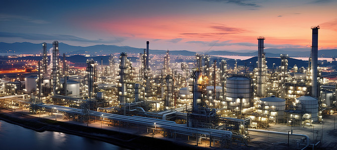 水蒸气女背景图片_炼油厂的日落景色