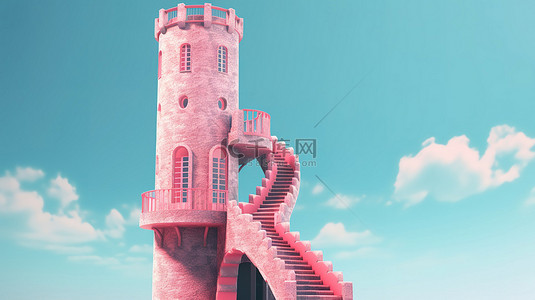 双色调蓝色背景 3D 渲染粉色城堡塔，内部有梯子