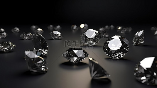 优雅的黑色背景上闪闪发光的圆形钻石迷人的 3D 渲染