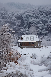 房子雪景背景图片_屋顶上有雪的小房子