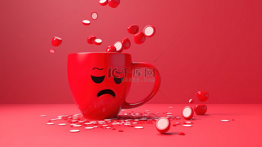 带有 Pinterest 徽标和表情符号的红色杯子落在 3D 渲染中的两个红色针脚上