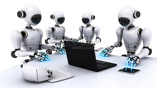 可爱的机器人员工在白色背景的尖端自动化办公室 3D 渲染中在笔记本电脑上一起工作