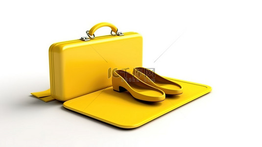 商务黄色人背景图片_信用卡和黄色公文包的 3d 呈现在白色孤立背景上的人字拖旁边