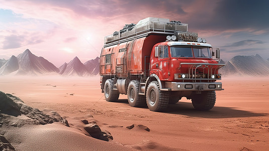 一辆坚固的红色卡车的 3D 插图，配备用于艰苦和偏远的探险