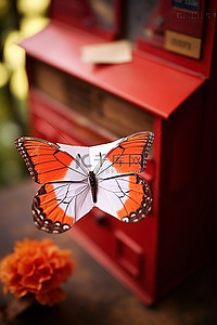 邮局大楼和信封上的红蝴蝶
