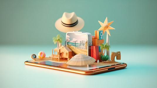 使用带有复制空间的智能手机 3D 插图体验在线预订暑假的便利
