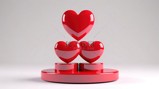 白色背景下 3D 渲染中有光泽的红色讲台上的三重情人节红心