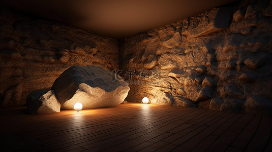 3d 渲染和聚光灯照明中带有巨石的房间内部