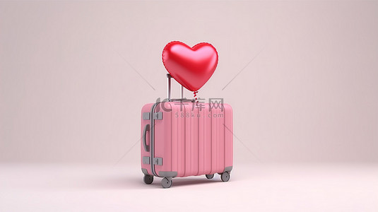 心形粉色气球背景图片_白色孤立背景上的心形气球和粉色手提箱 3D 渲染插图