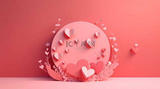 爱情和情人节庆祝活动粉红色背景心形剪纸 3D 渲染插图