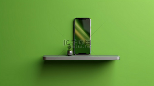 手机绿色背景背景图片_水平横幅，带有位于绿色墙架上的手机 3D 插图