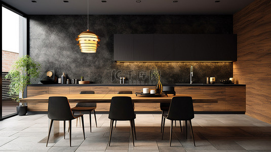 时尚的厨房设计，配有木制橱柜花岗岩台面和 3D 插图中的黑色装饰