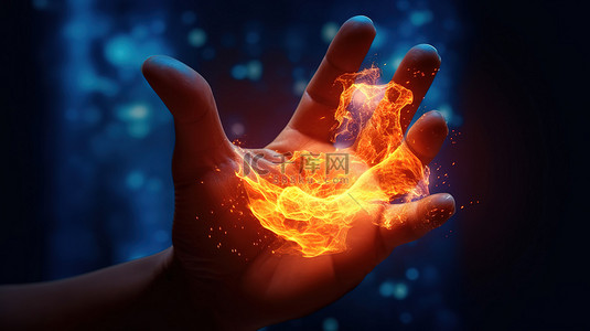 3D 渲染手握发光火焰的特写镜头