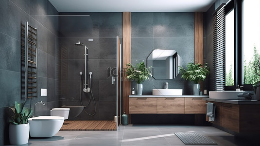 梳妆镜背景图片_带淋浴区梳妆镜和浴室配件的浴室的现代 3D 渲染